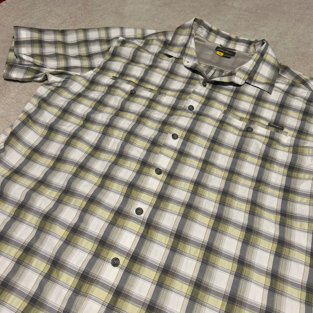 Eddie Bauer Travex Button Down Mens TXL Yellow Plaid Short Sleeve Hiking Shirt